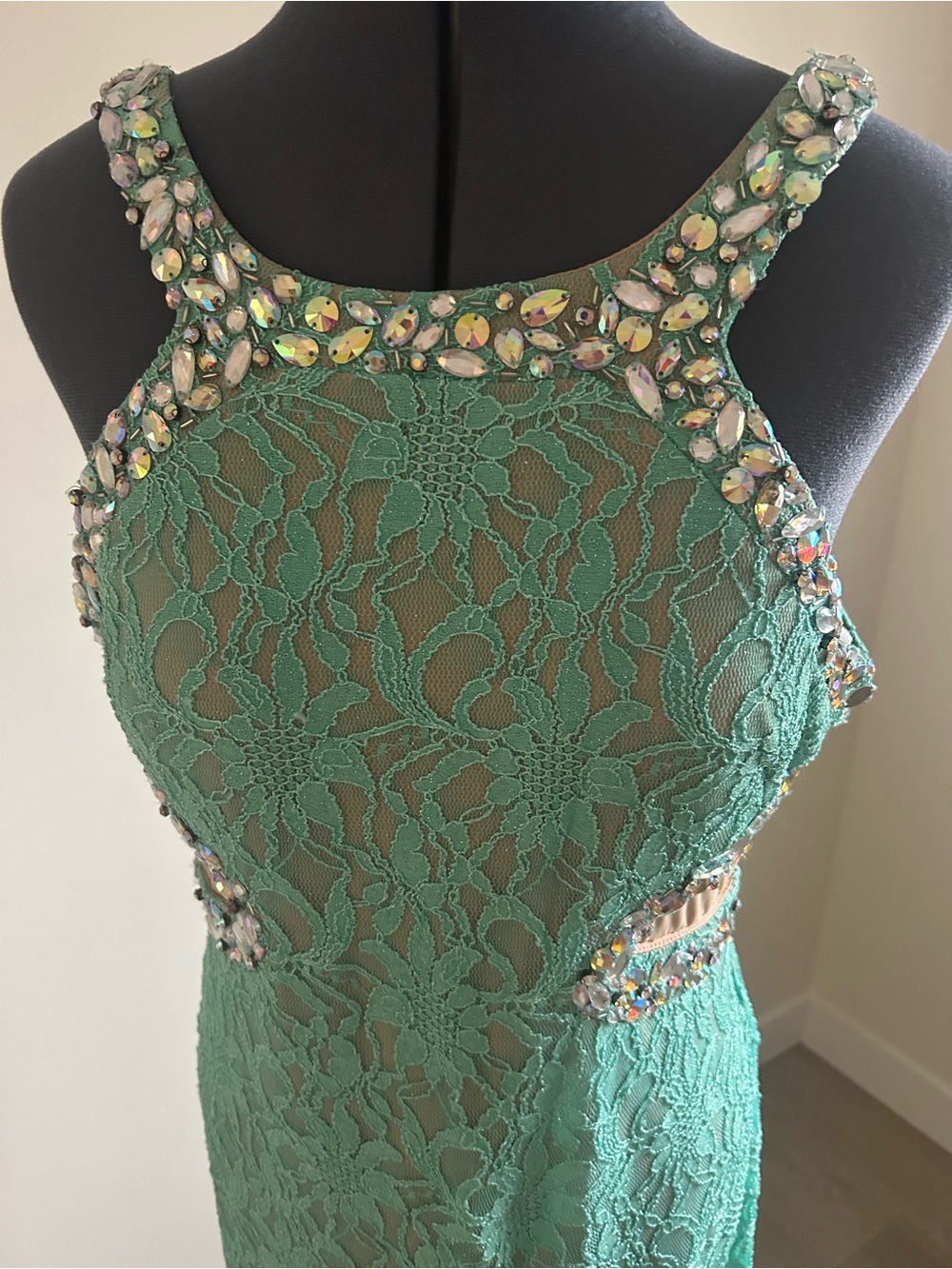 City Triangles Teal Green Lace Prom Gown with Jeweled Accents